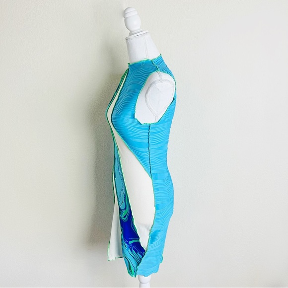 Asymmetrical Blue & Cream Marble Contrast Stitching Patchwork Bodycon Mini Dress - Picture 2 of 4